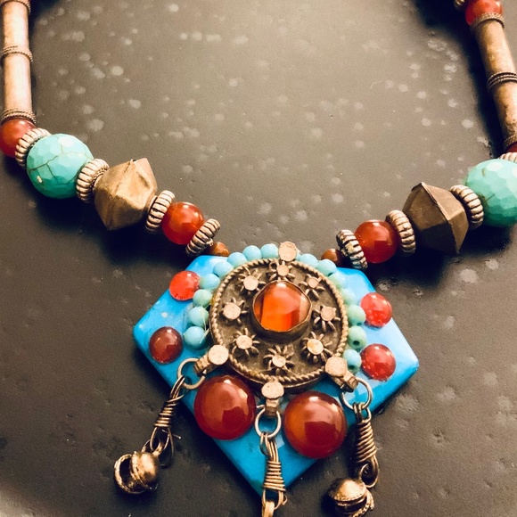 Handmade NECKLACE TURQ HOWLITE/CARNELIAN STONE UNIQUE VINTAGE AFGHAN Silver - Picture 10 of 16